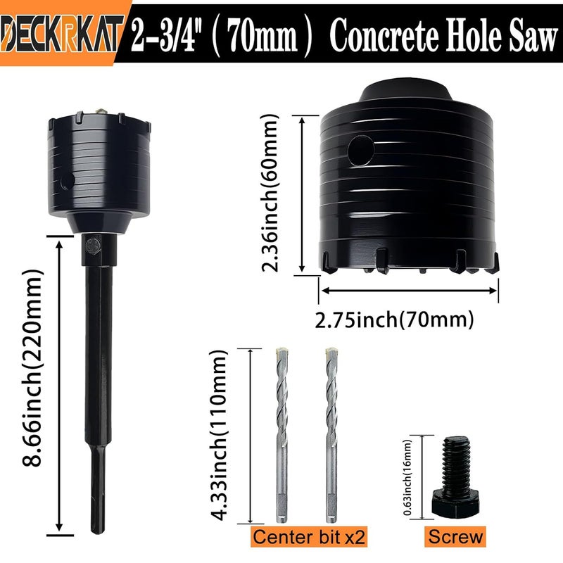 DECKRKAT 2-3/4" Concrete Hole Saw Kit,Electroplated Black Quenching Tech,Heavy-Duty Thickened Alloy Teeth,SDS Plus Shank & 2 Center Bits for Concrete,Brick,Stone. - Image 2